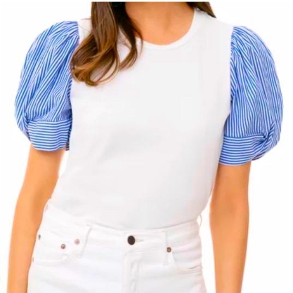 Pomander Place Drew Knit Top/Blouse with Cotton Blue and White Striped Sleeves
